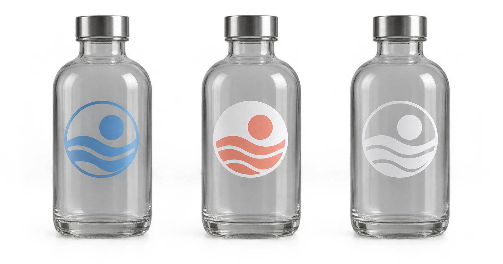 Three clear glass bottles comparing transparent color, a selective white underbase, and visible white ink on clear stickers.