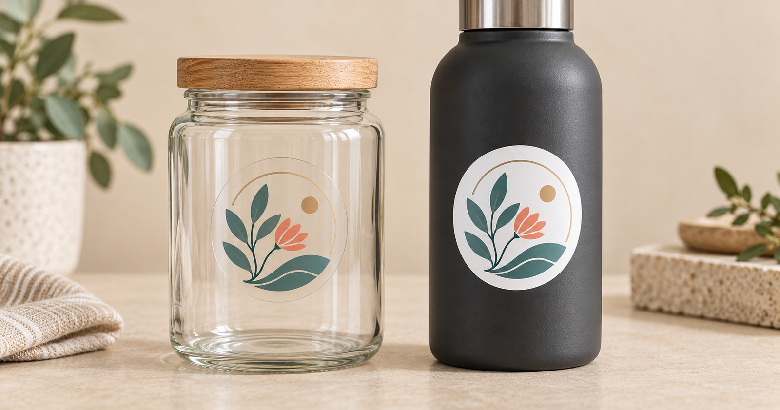 Clear and white vinyl versions of the same floral sticker compared on a glass jar and a dark bottle.