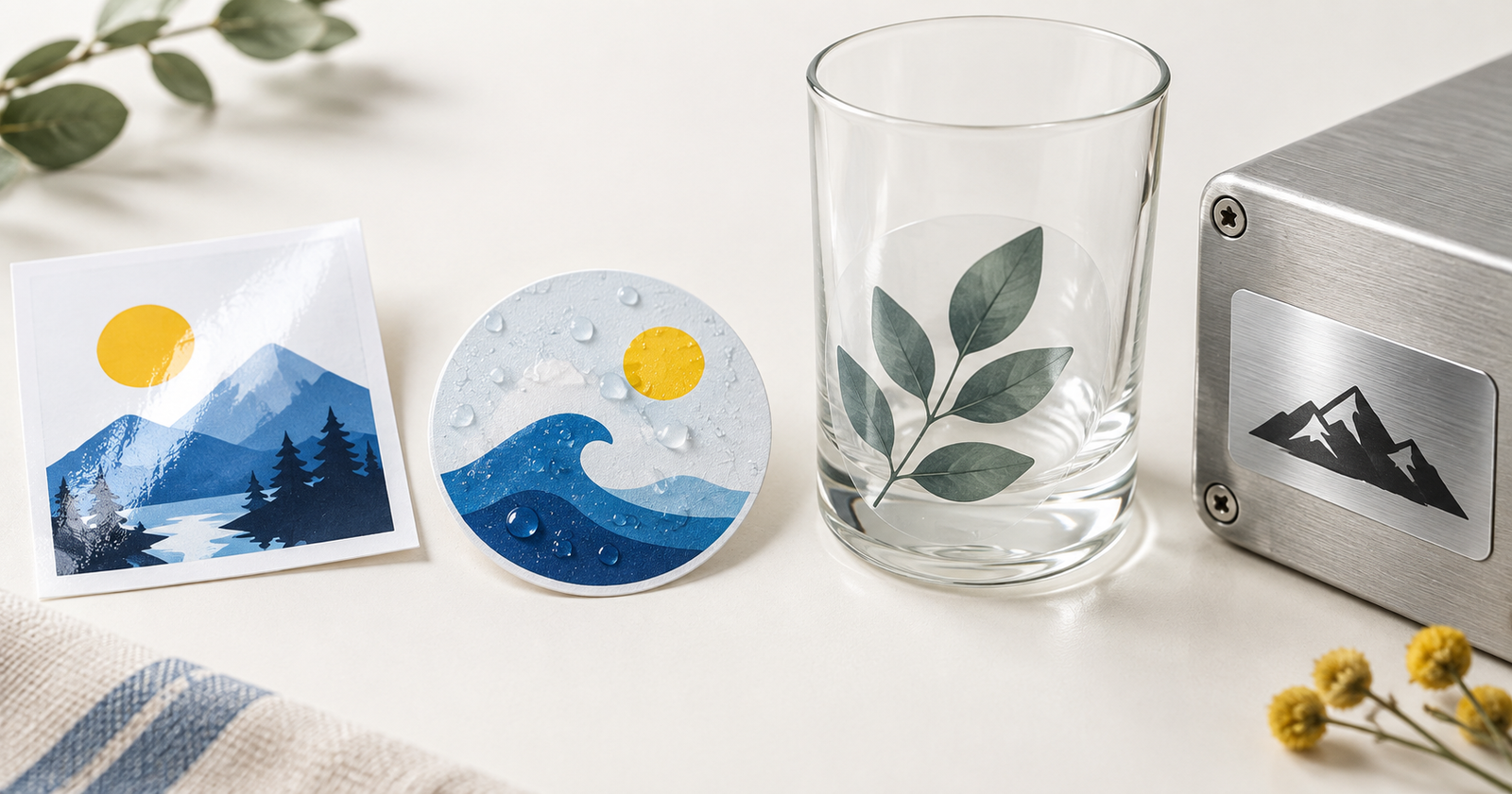 Four custom sticker materials shown on paper, a moisture-prone surface, clear glass, and metal equipment.