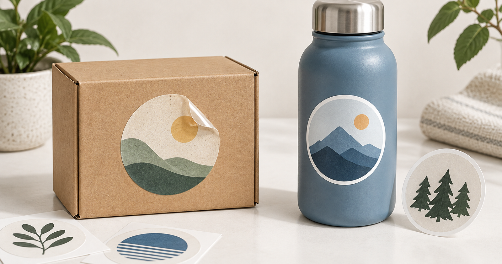 Laminated paper sticker on a box beside a vinyl sticker on a bottle