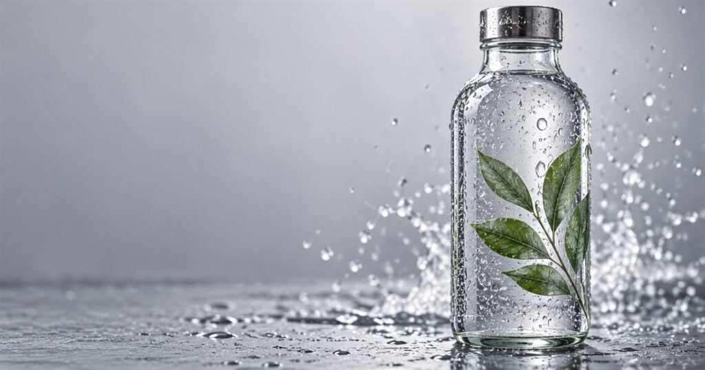 Clear sticker on a glass bottle surrounded by water droplets.