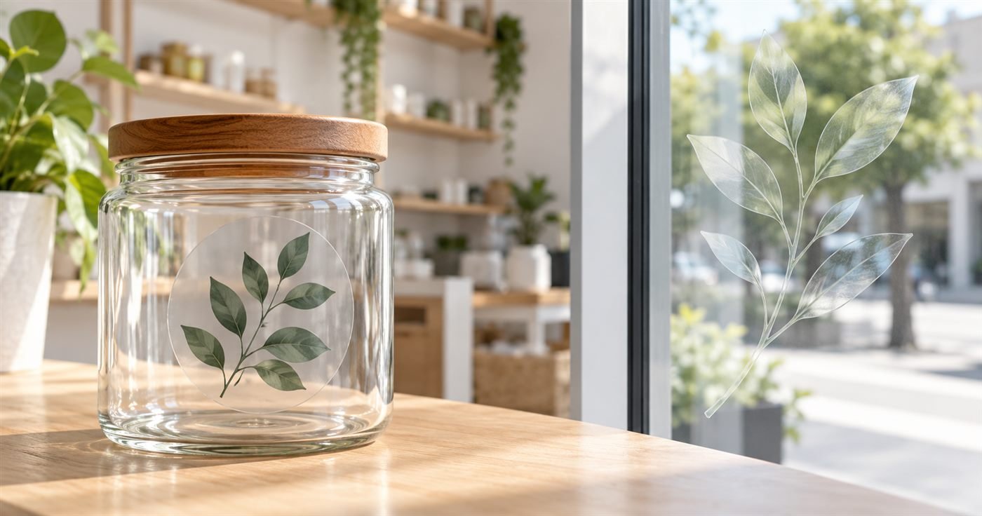 Clear stickers applied to a glass jar and shop window for packaging and inside-glass viewing.