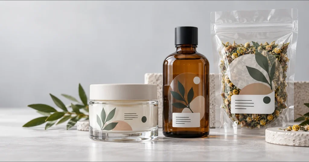 Clear stickers applied to a glass cosmetic jar, amber bottle, and transparent product pouch.