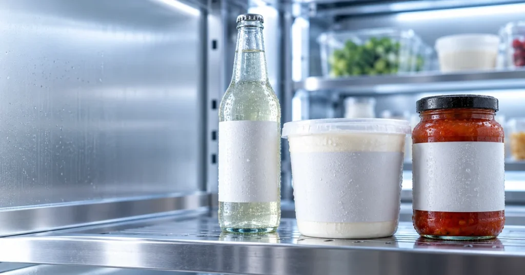 Blank labels on refrigerated bottles and containers with condensation