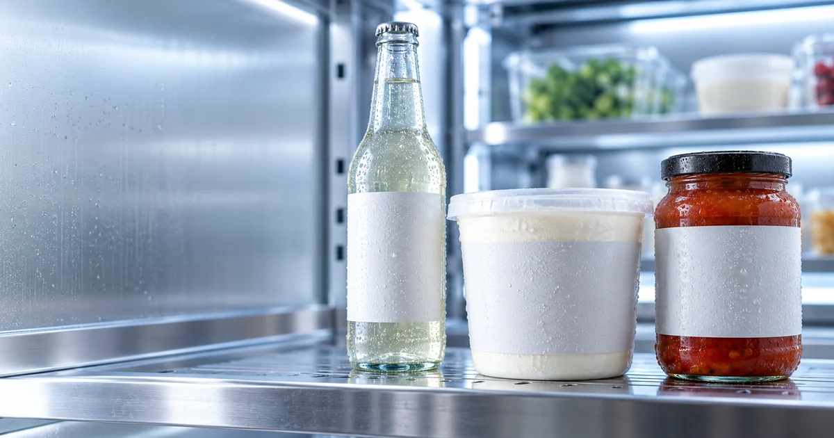 Blank labels on refrigerated bottles and containers with condensation