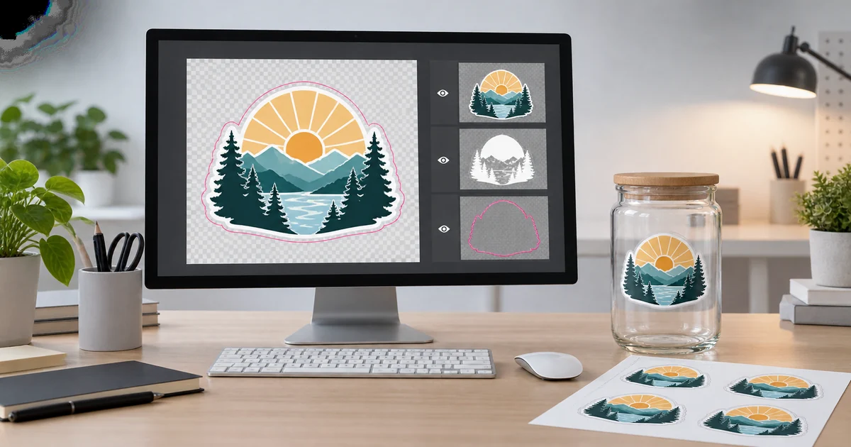 Designer preparing transparent artwork for custom clear sticker printing.